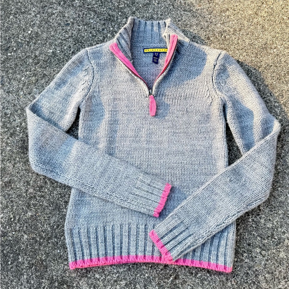 Prince & Fox Gray Quarter Zip Sweater Pink Trim XS Cozy Soft